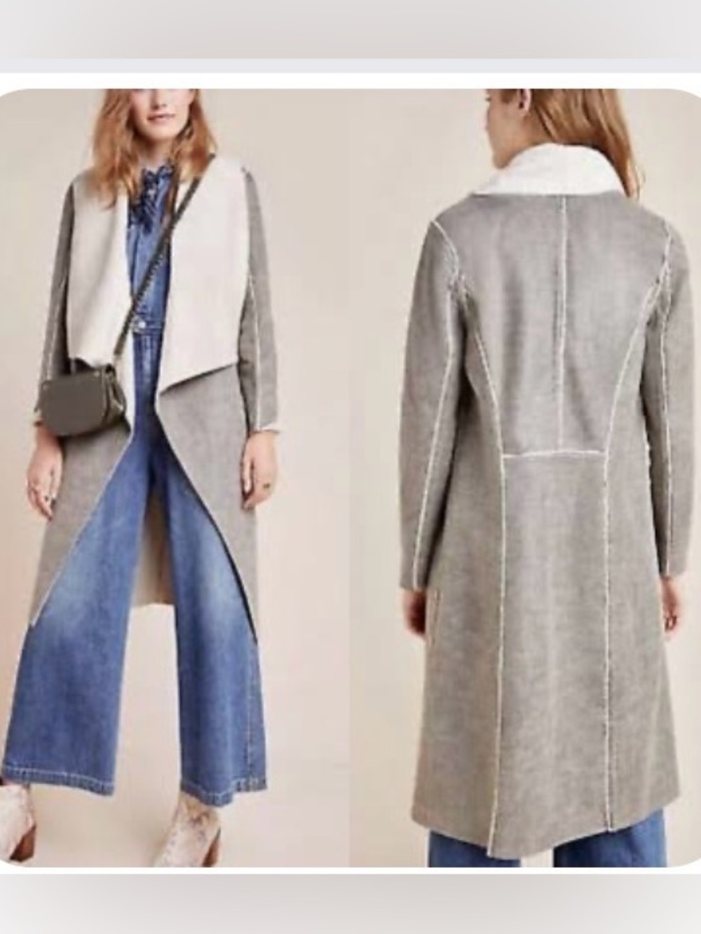 Anthropologie Gray Drape Front Coat. Fur and side